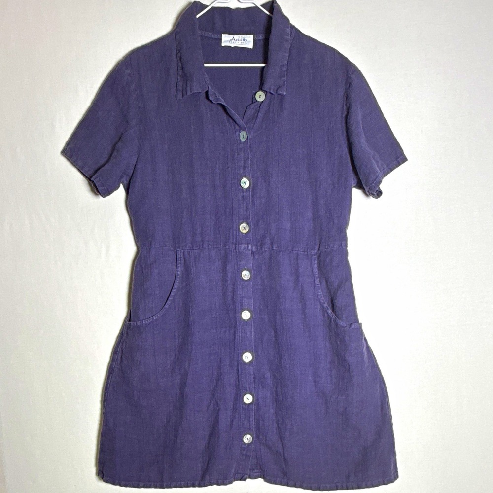 Adlib Body & Soul Indigo 100% Linen Button Front Dress with Pockets Size 1 S/M